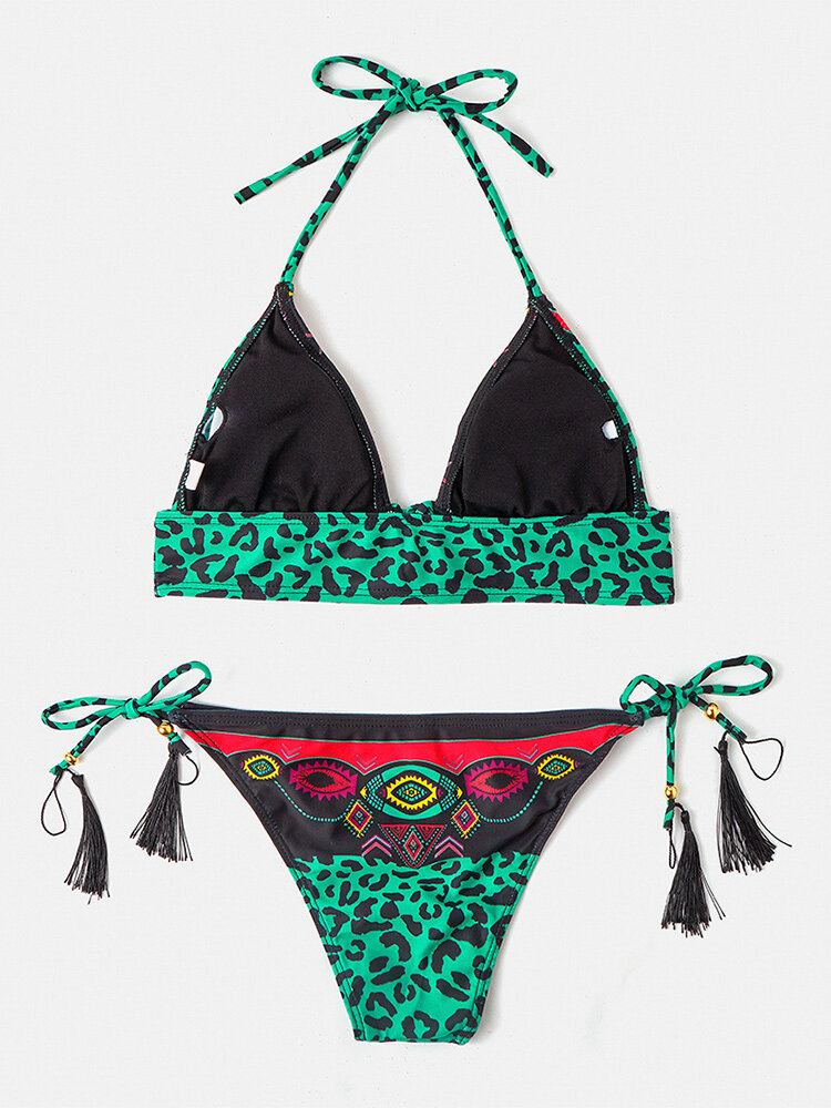 Kvinder Leopard Patchwork Etnisk Print Halter String Bikini Rygløst Badetøj