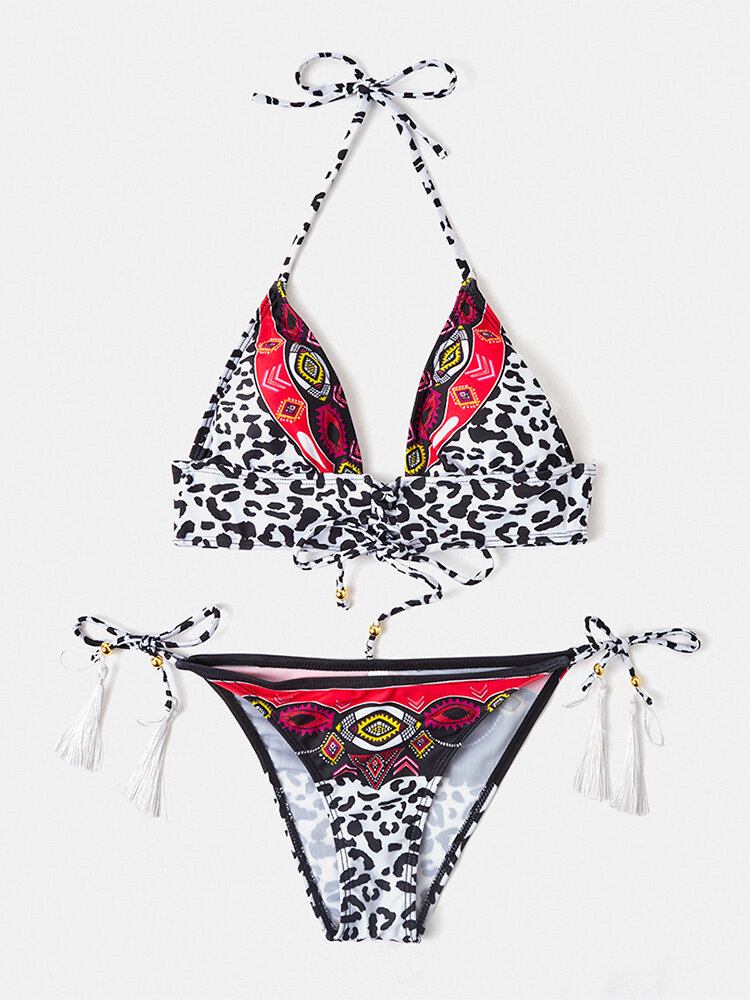 Kvinder Leopard Patchwork Etnisk Print Halter String Bikini Rygløst Badetøj