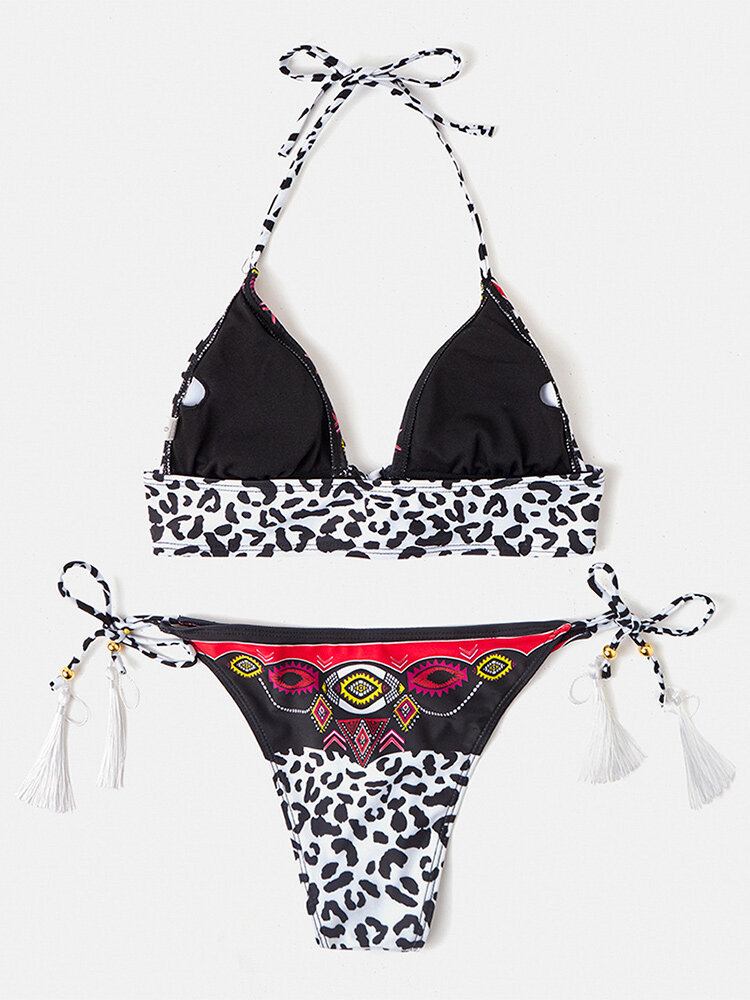 Kvinder Leopard Patchwork Etnisk Print Halter String Bikini Rygløst Badetøj