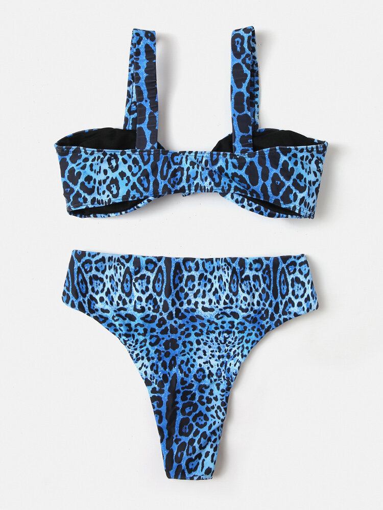 Kvinder Leopardprint Slips Foran Bred Skulderrem Bikinier Med Høj Talje