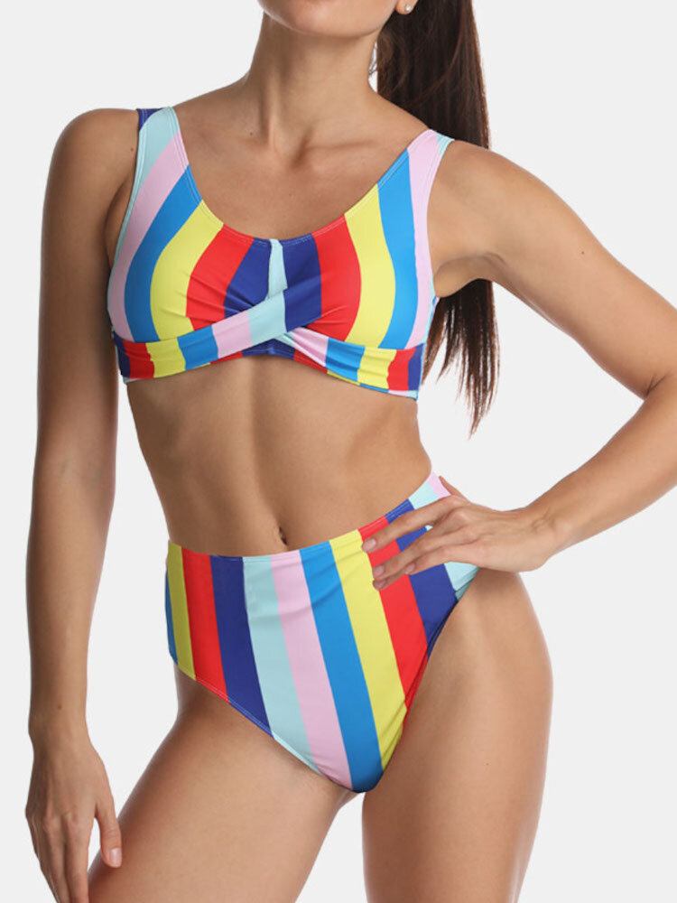 Kvinder Multicolor Stripe Fold Plisseret Brede Remme Højtaljede Bikinier Badedragt