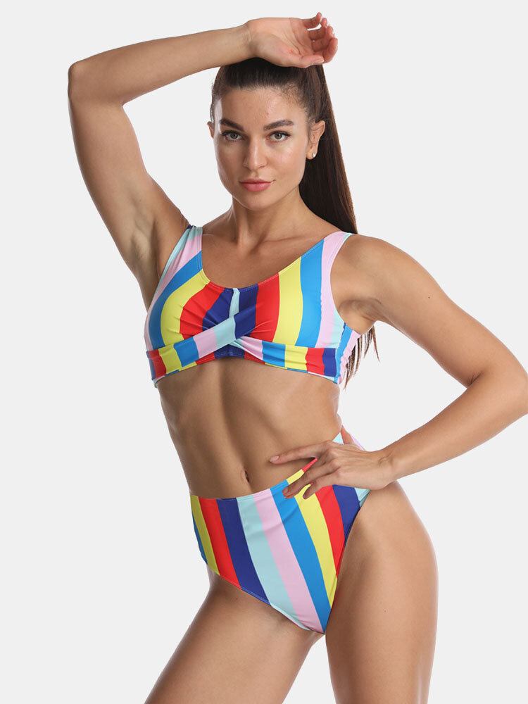 Kvinder Multicolor Stripe Fold Plisseret Brede Remme Højtaljede Bikinier Badedragt