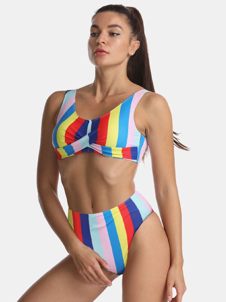 Kvinder Multicolor Stripe Fold Plisseret Brede Remme Højtaljede Bikinier Badedragt