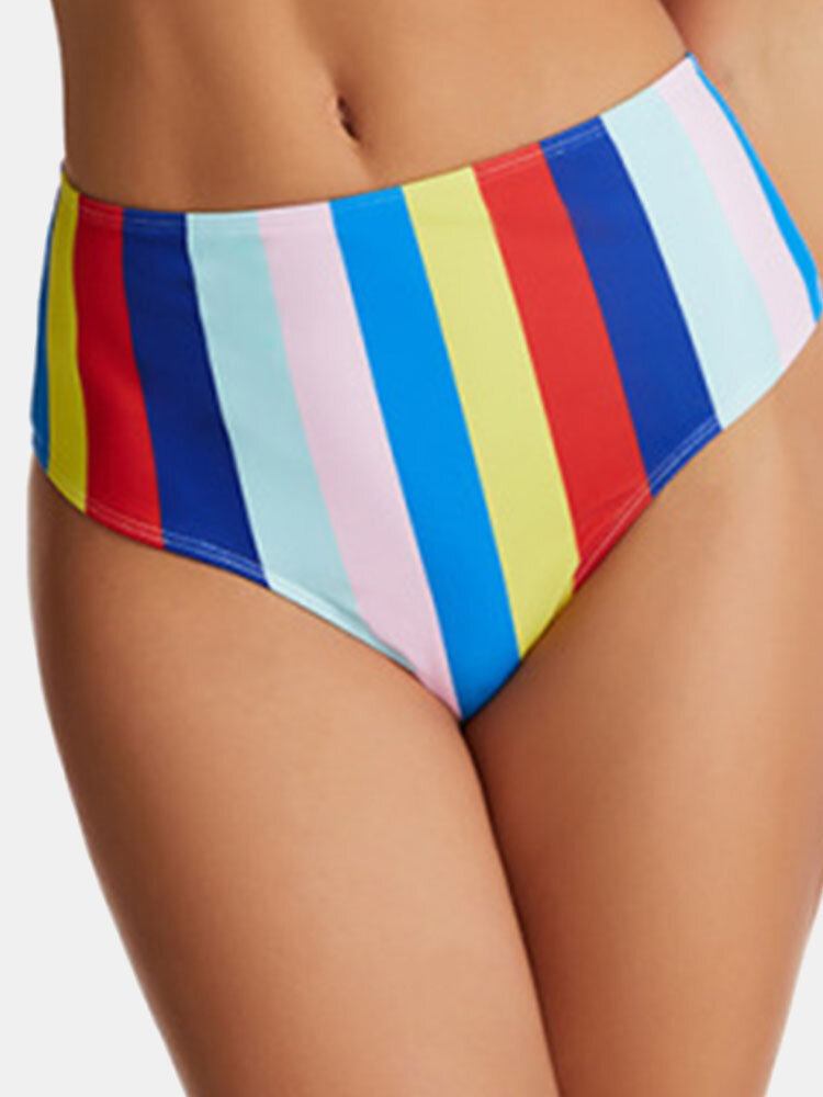 Kvinder Multicolor Stripe Fold Plisseret Brede Remme Højtaljede Bikinier Badedragt