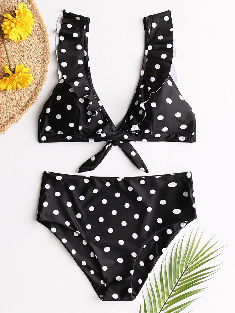 Kvinder Polka Dot Print Flæser Ærmer Tie High Waist Bikini