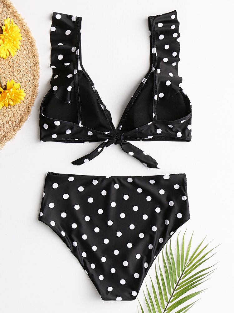 Kvinder Polka Dot Print Flæser Ærmer Tie High Waist Bikini