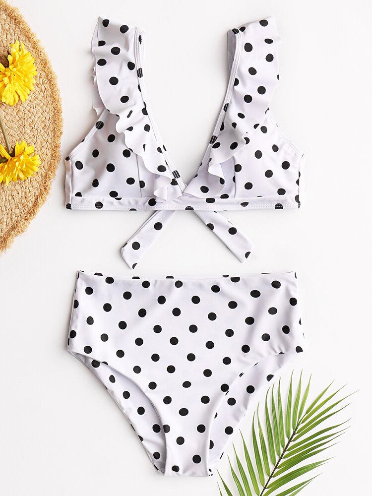 Kvinder Polka Dot Print Flæser Ærmer Tie High Waist Bikini