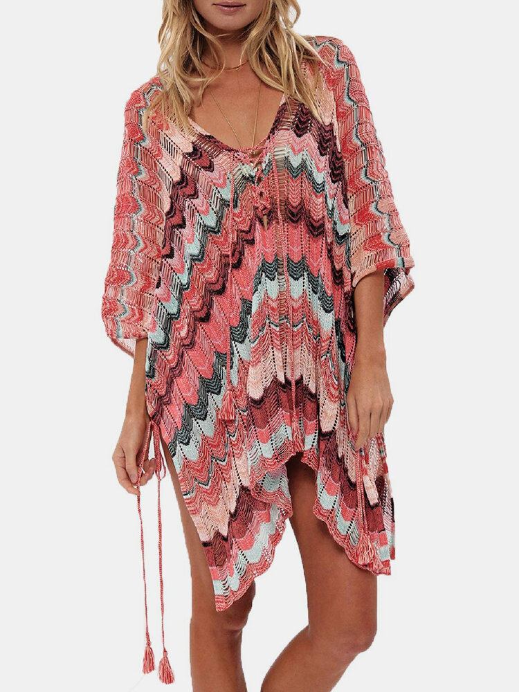 Kvinder Striber Vintage Print Bandage Side Slids Solbeskyttelse Cover Ups Beach Badetøj