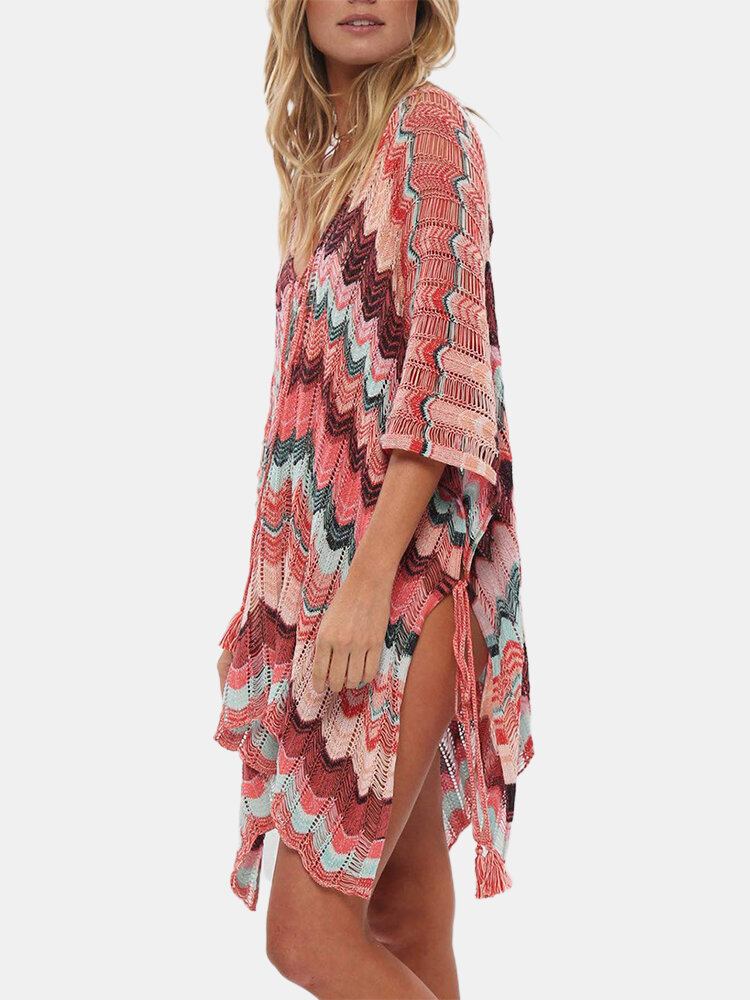 Kvinder Striber Vintage Print Bandage Side Slids Solbeskyttelse Cover Ups Beach Badetøj