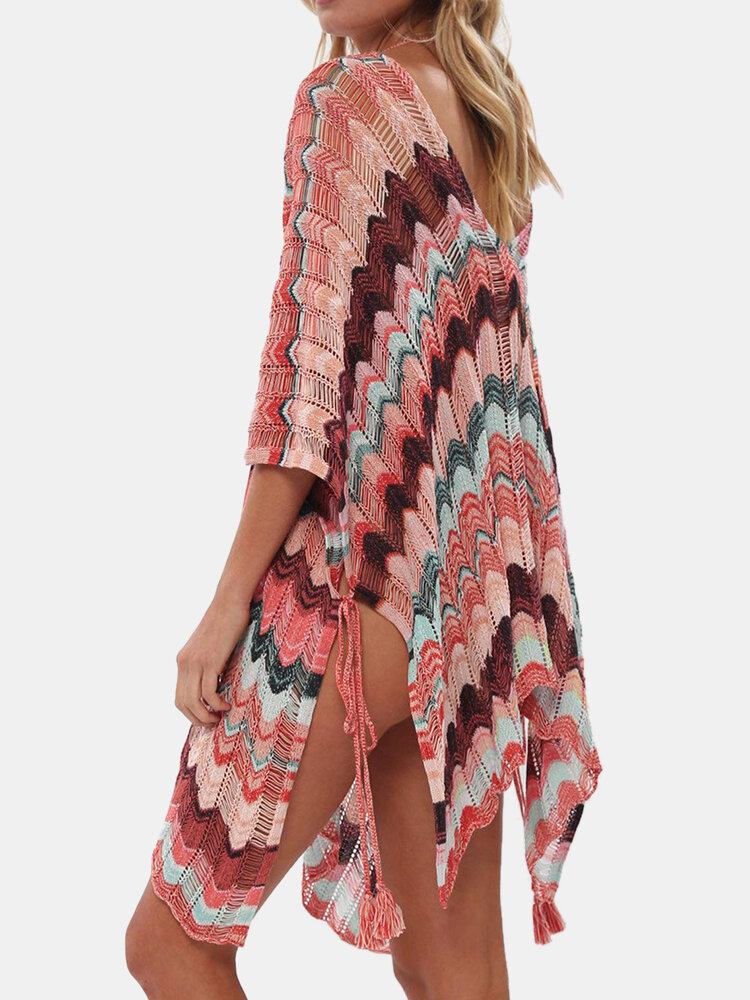 Kvinder Striber Vintage Print Bandage Side Slids Solbeskyttelse Cover Ups Beach Badetøj