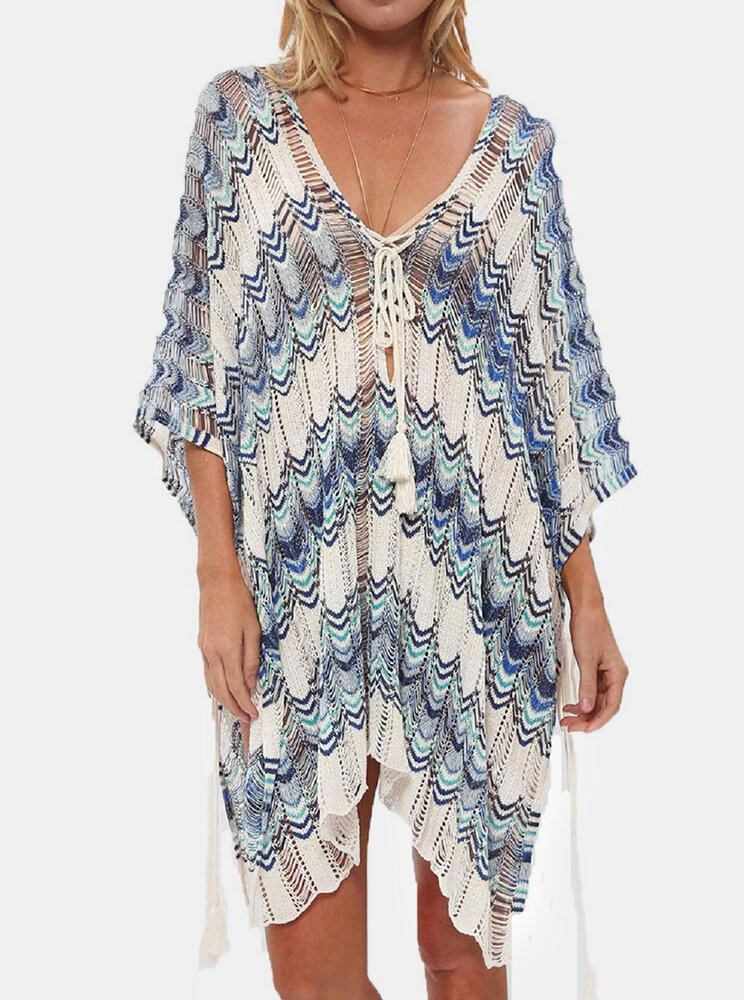 Kvinder Striber Vintage Print Bandage Side Slids Solbeskyttelse Cover Ups Beach Badetøj