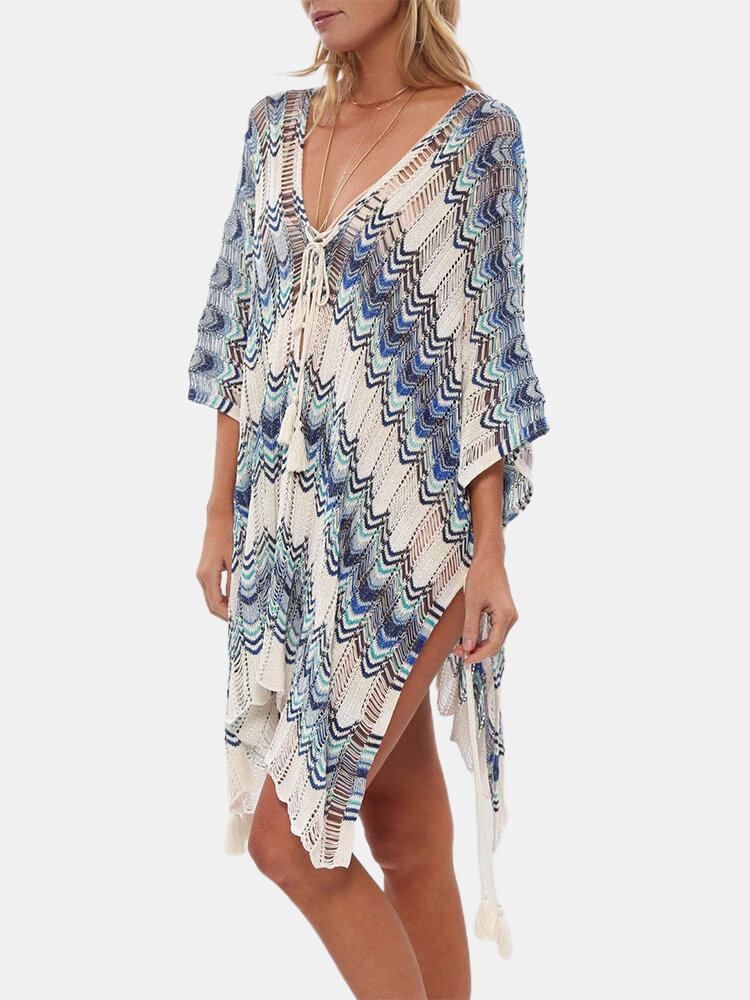 Kvinder Striber Vintage Print Bandage Side Slids Solbeskyttelse Cover Ups Beach Badetøj