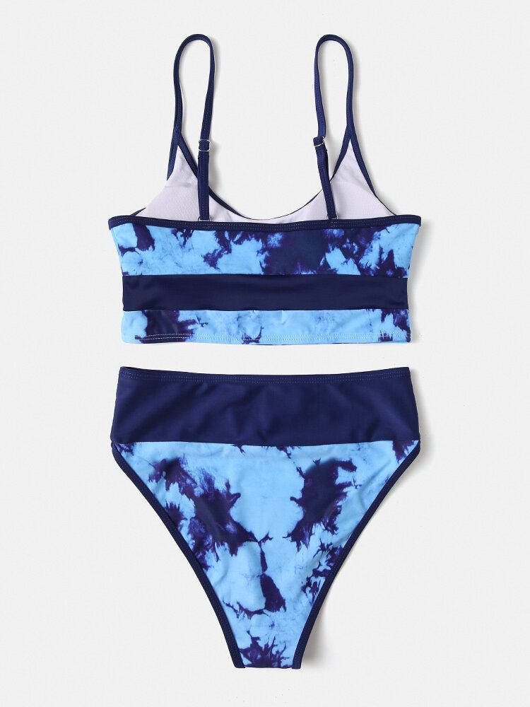 Kvinder Tie-dye Patchwork Bikinibadedragt Med Høj Talje