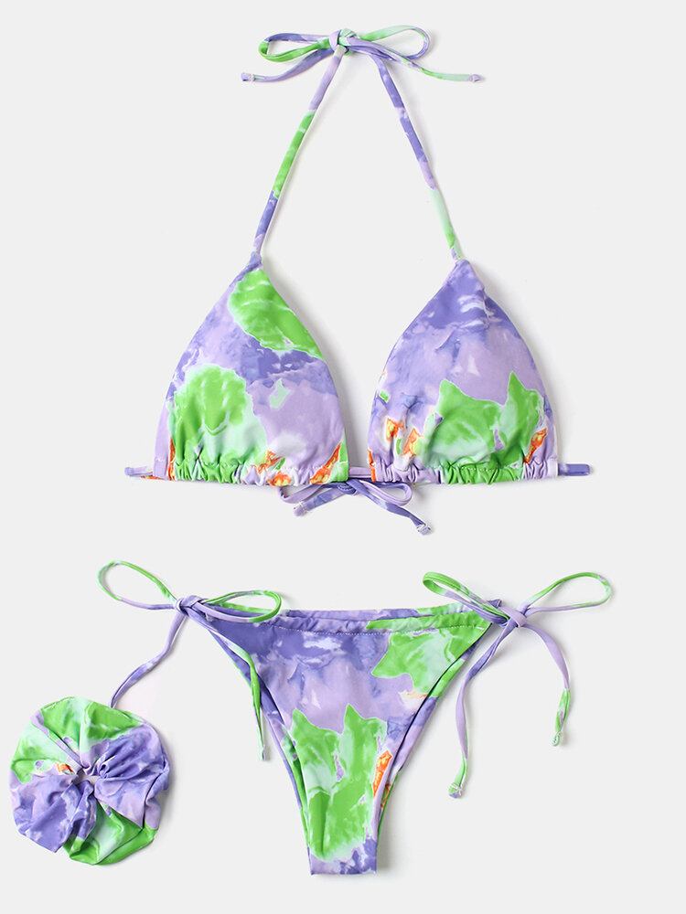 Kvinder Tie Dye Trekant Halter String Micro Bikinier Bagsider Strandtøj Med Håndring