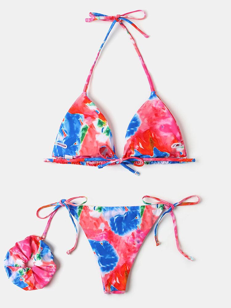 Kvinder Tie Dye Trekant Halter String Micro Bikinier Bagsider Strandtøj Med Håndring