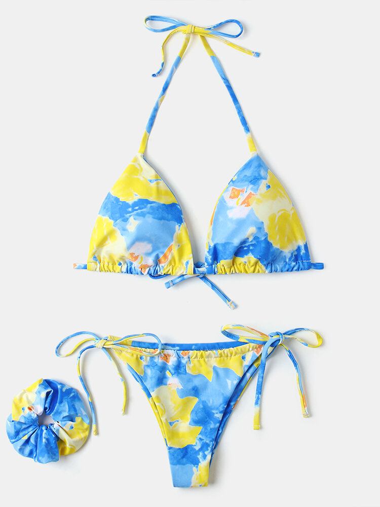 Kvinder Tie Dye Trekant Halter String Micro Bikinier Bagsider Strandtøj Med Håndring