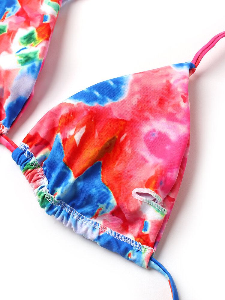 Kvinder Tie Dye Trekant Halter String Micro Bikinier Bagsider Strandtøj Med Håndring