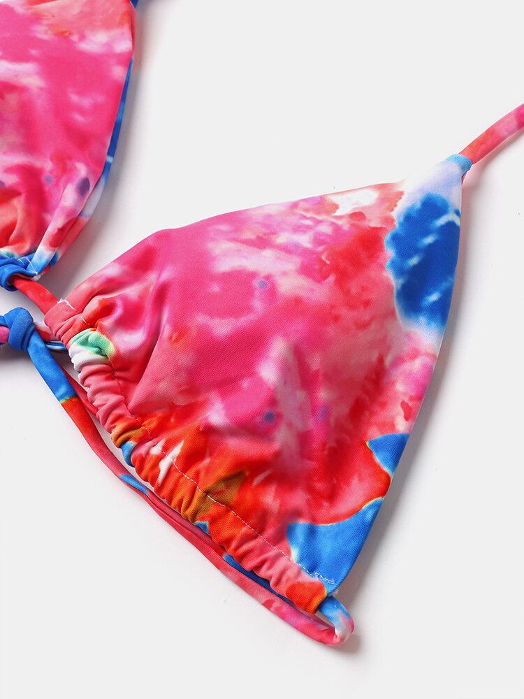 Kvinder Tie Dye Trekant Halter String Micro Bikinier Bagsider Strandtøj Med Håndring