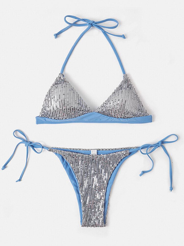 Kvinder Trekant Halter Pailletter Ensfarvet Rygløs Bikini String Beachwear