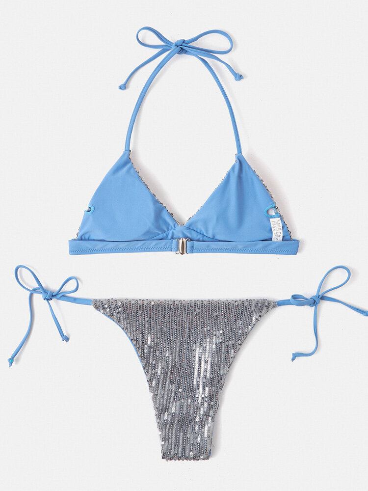 Kvinder Trekant Halter Pailletter Ensfarvet Rygløs Bikini String Beachwear