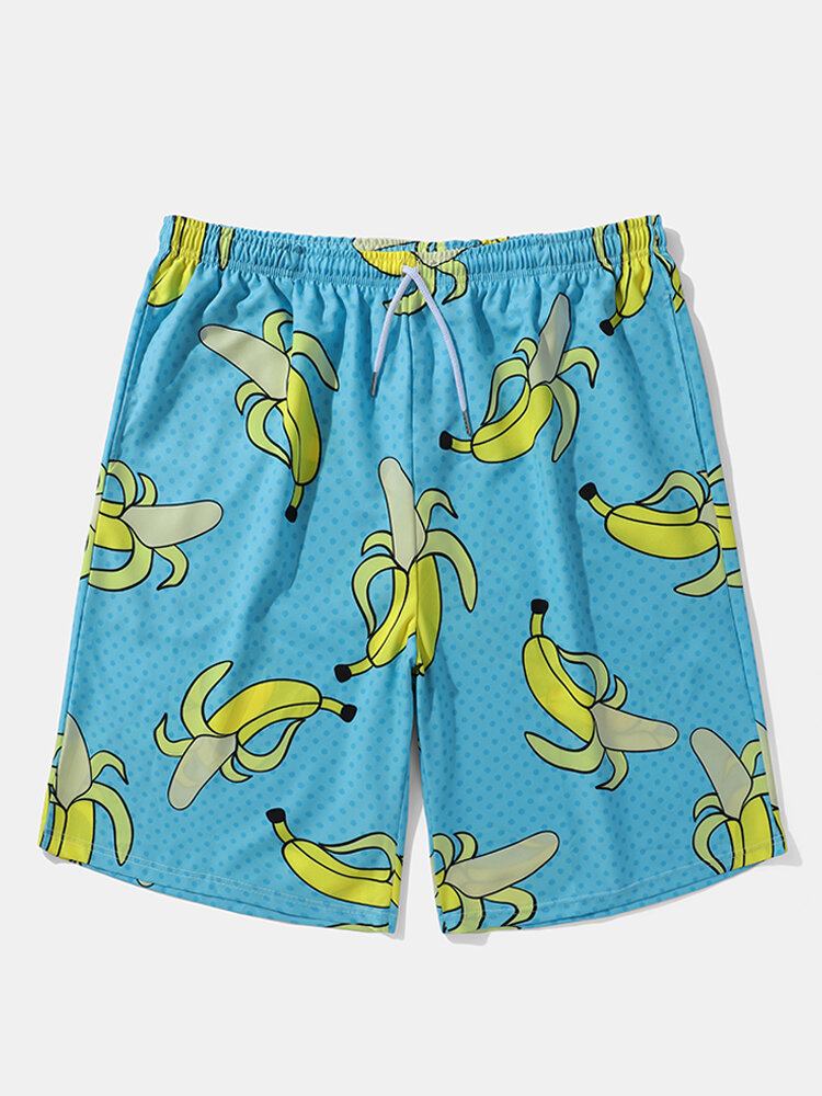 Mænd Allover Bananer Print Board Beachwear Løs Fit Brede Legged Shorts