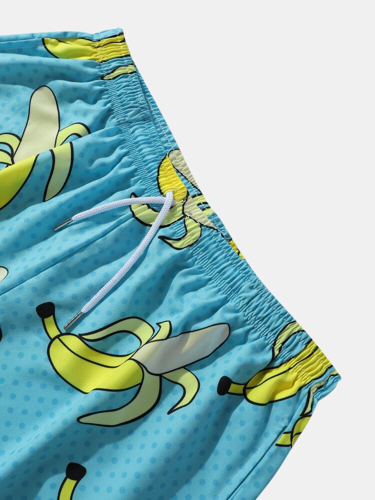 Mænd Allover Bananer Print Board Beachwear Løs Fit Brede Legged Shorts