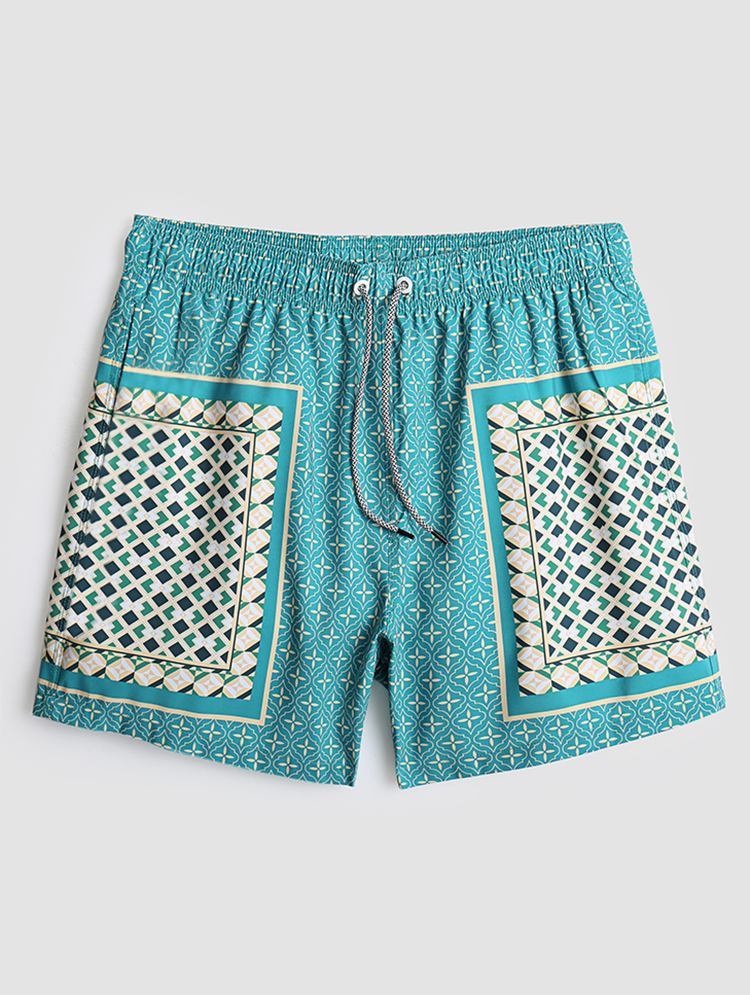 Mænd Elegant Print Patchwork Retro Style Letvægts Tynde Brætshorts Med Snoretræk