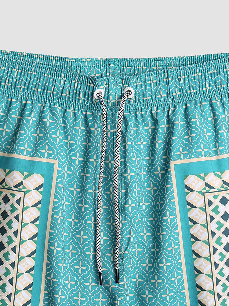 Mænd Elegant Print Patchwork Retro Style Letvægts Tynde Brætshorts Med Snoretræk