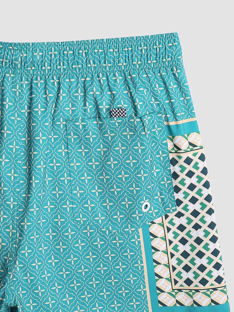 Mænd Elegant Print Patchwork Retro Style Letvægts Tynde Brætshorts Med Snoretræk