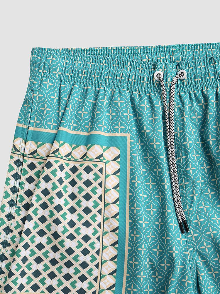 Mænd Elegant Print Patchwork Retro Style Letvægts Tynde Brætshorts Med Snoretræk