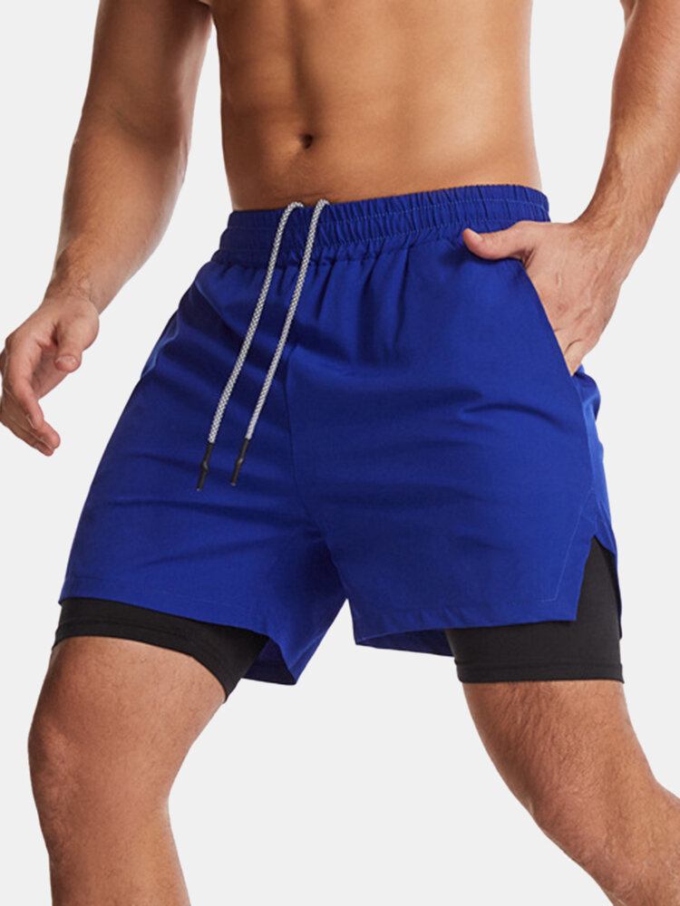 Mænds Ensfarvede Hurtigtørrende Sports Løb Casual Stretch Dobbeltlags Boardshorts