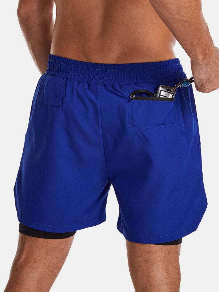 Mænds Ensfarvede Hurtigtørrende Sports Løb Casual Stretch Dobbeltlags Boardshorts