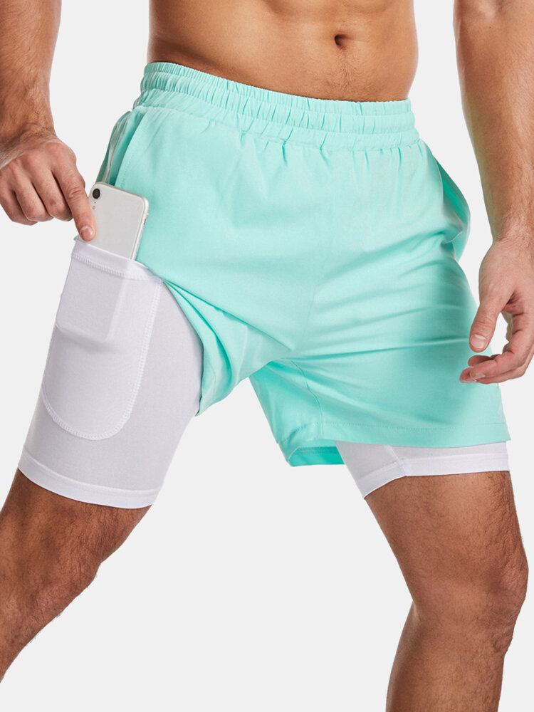 Mænds Ensfarvede Hurtigtørrende Sports Løb Casual Stretch Dobbeltlags Boardshorts