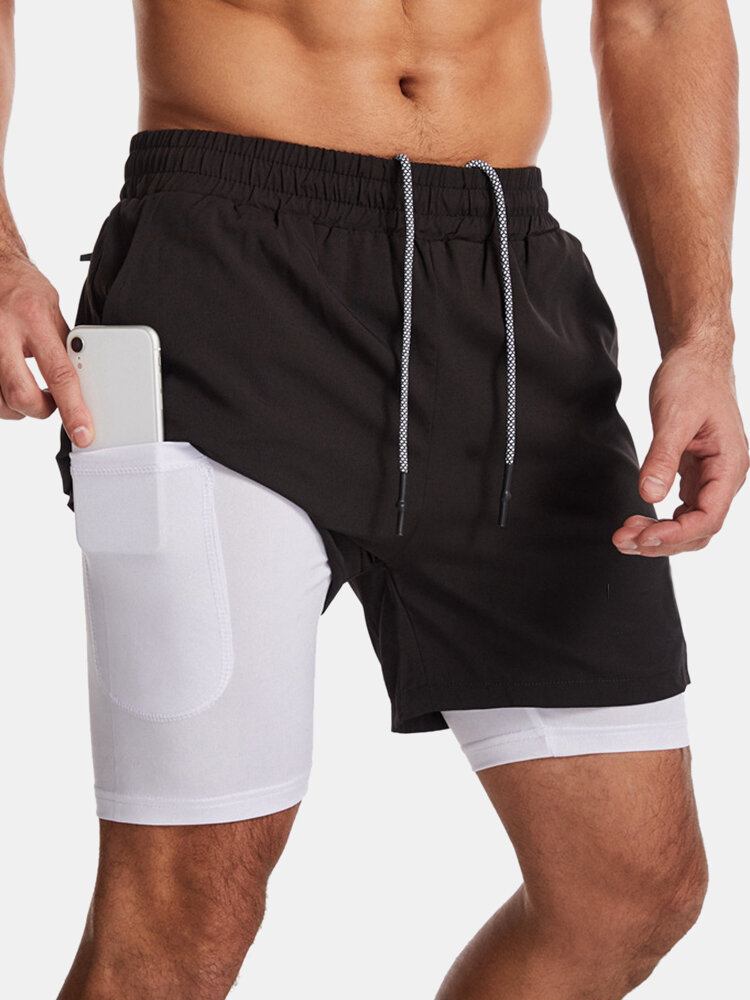 Mænds Ensfarvede Hurtigtørrende Sports Løb Casual Stretch Dobbeltlags Boardshorts