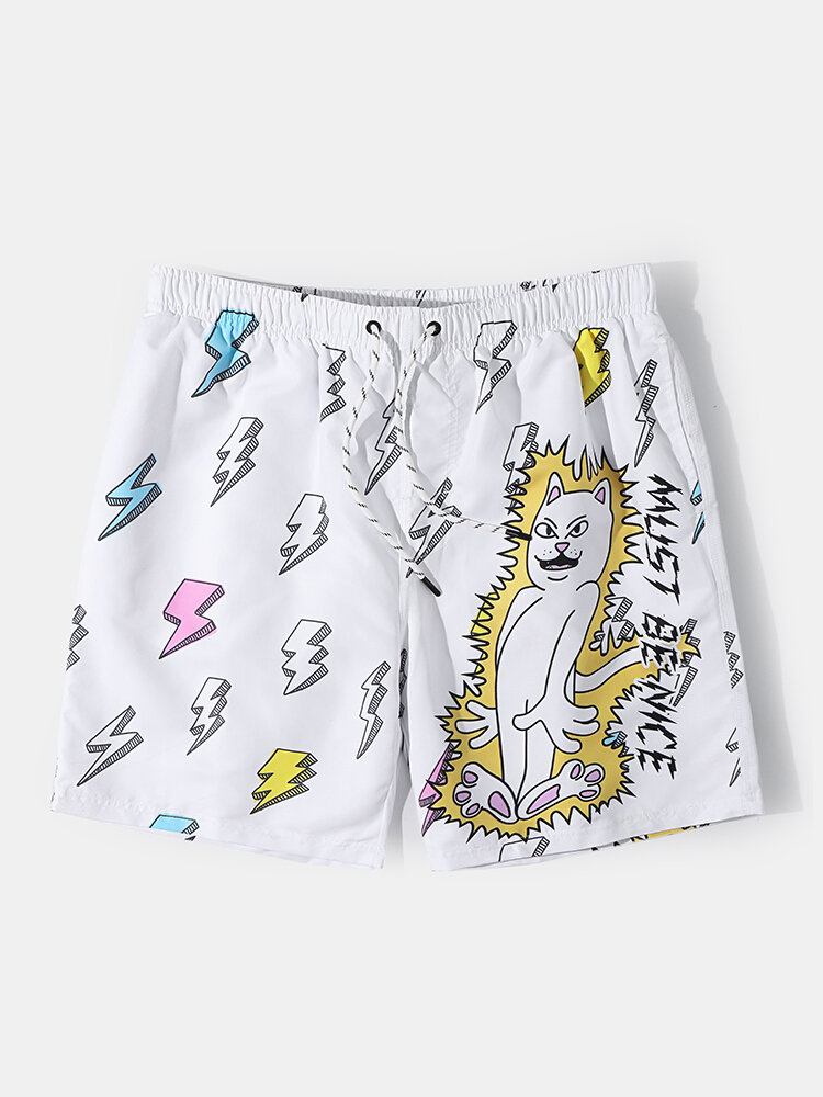 Mænds Tegneseriekat Alien Print Mesh-forede Åndbare Tynde Strandferiebrætshorts