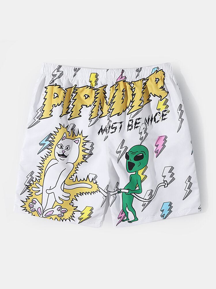 Mænds Tegneseriekat Alien Print Mesh-forede Åndbare Tynde Strandferiebrætshorts