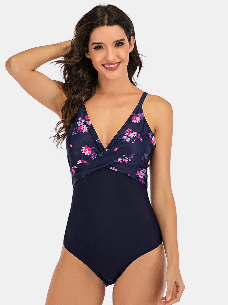 Plus Size Dame Blomsterprint Splejs Skinny Fit One Piece Badetøj