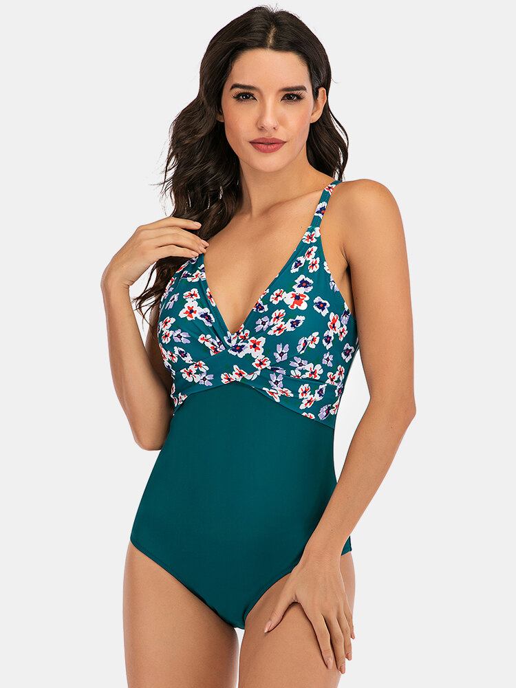 Plus Size Dame Blomsterprint Splejs Skinny Fit One Piece Badetøj