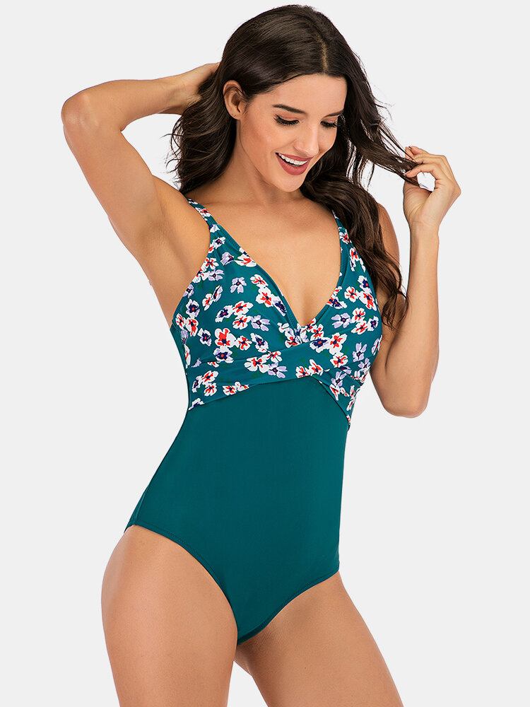 Plus Size Dame Blomsterprint Splejs Skinny Fit One Piece Badetøj