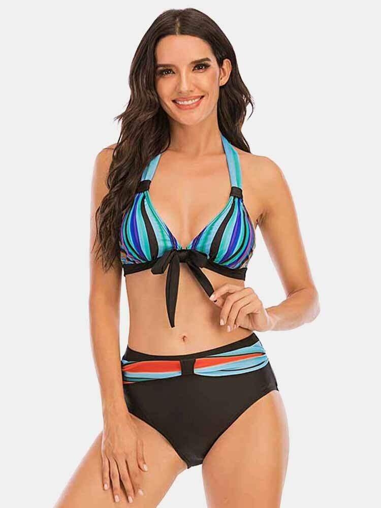 Plus Size Dame Farverige Stripe Slips Front Halter Rygløse Bikinier Badetøj