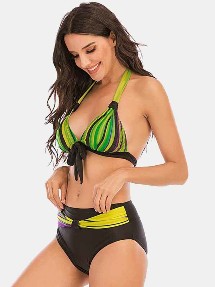 Plus Size Dame Farverige Stripe Slips Front Halter Rygløse Bikinier Badetøj