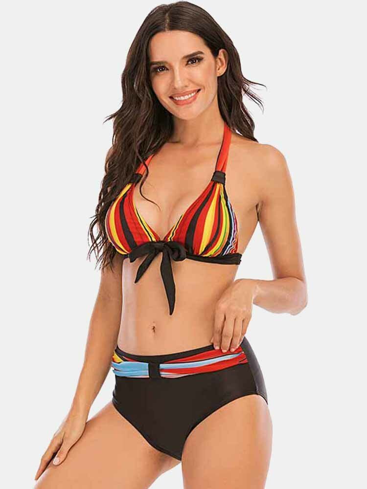 Plus Size Dame Farverige Stripe Slips Front Halter Rygløse Bikinier Badetøj