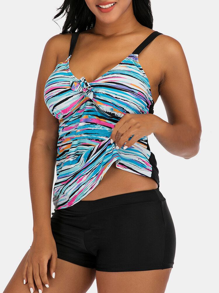 Plus Size Dame Farverigt Stripe Print Slips Front Trådløs Strappy Tankinis Badedragt