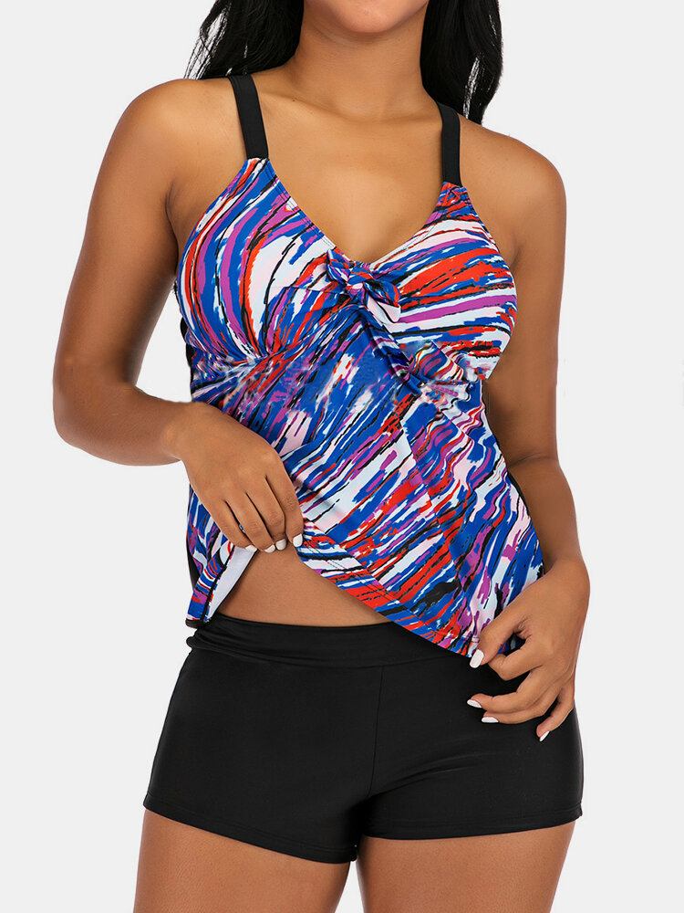 Plus Size Dame Farverigt Stripe Print Slips Front Trådløs Strappy Tankinis Badedragt