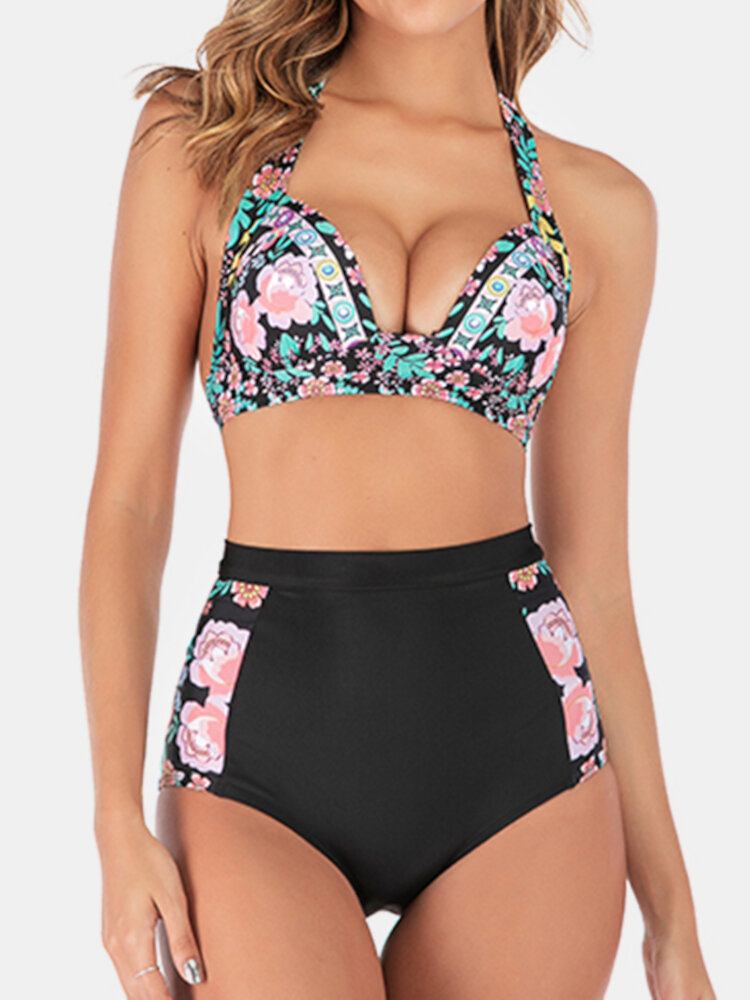 Plus Size Dame Floeal Print Patchwork Højtalje Bikini Rygløst Badetøj