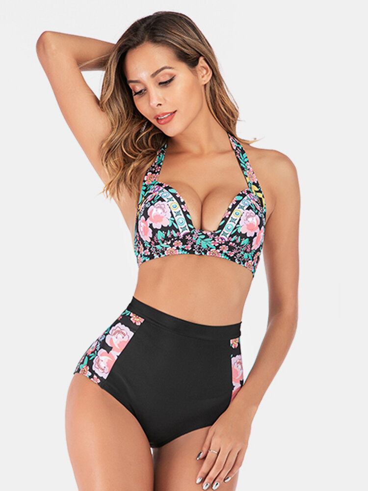 Plus Size Dame Floeal Print Patchwork Højtalje Bikini Rygløst Badetøj