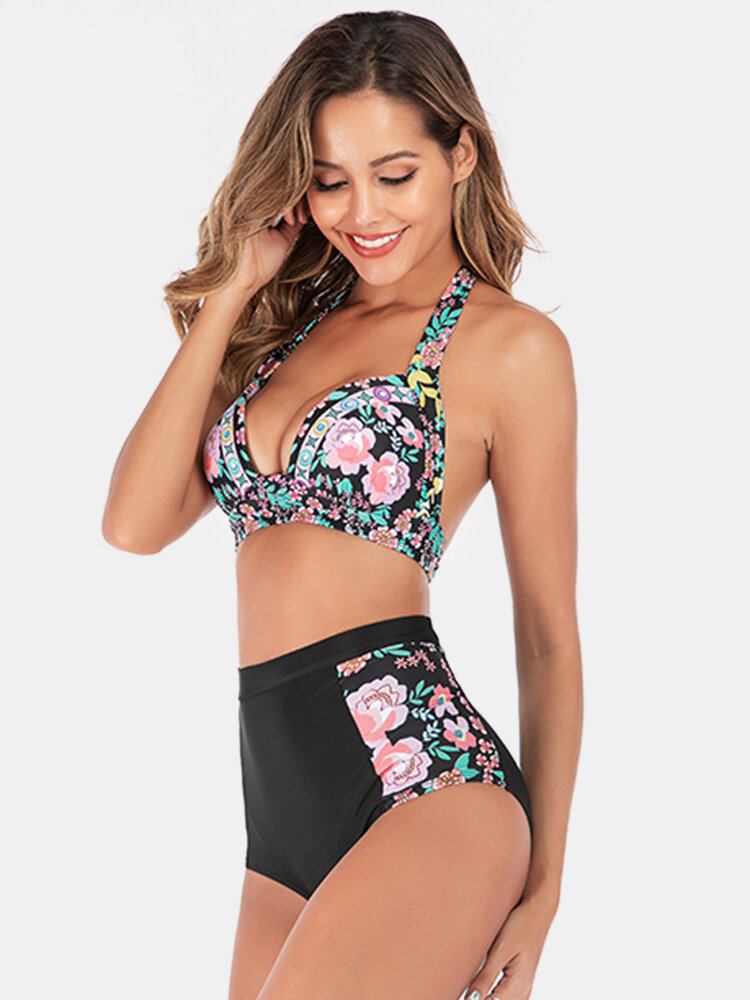 Plus Size Dame Floeal Print Patchwork Højtalje Bikini Rygløst Badetøj