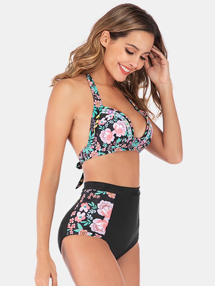 Plus Size Dame Floeal Print Patchwork Højtalje Bikini Rygløst Badetøj