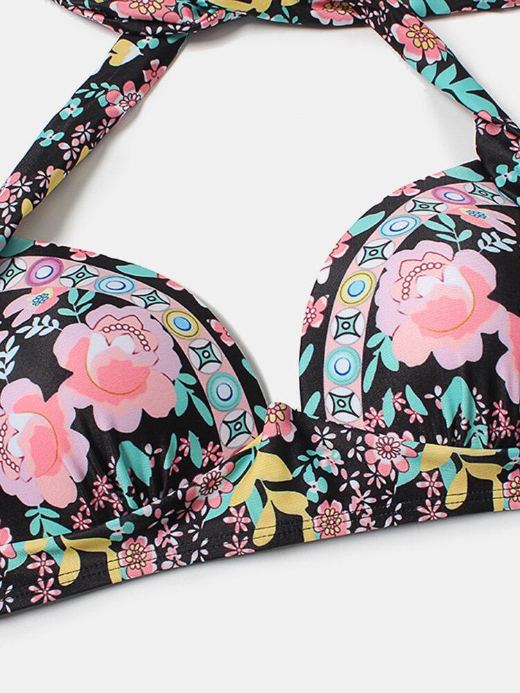 Plus Size Dame Floeal Print Patchwork Højtalje Bikini Rygløst Badetøj