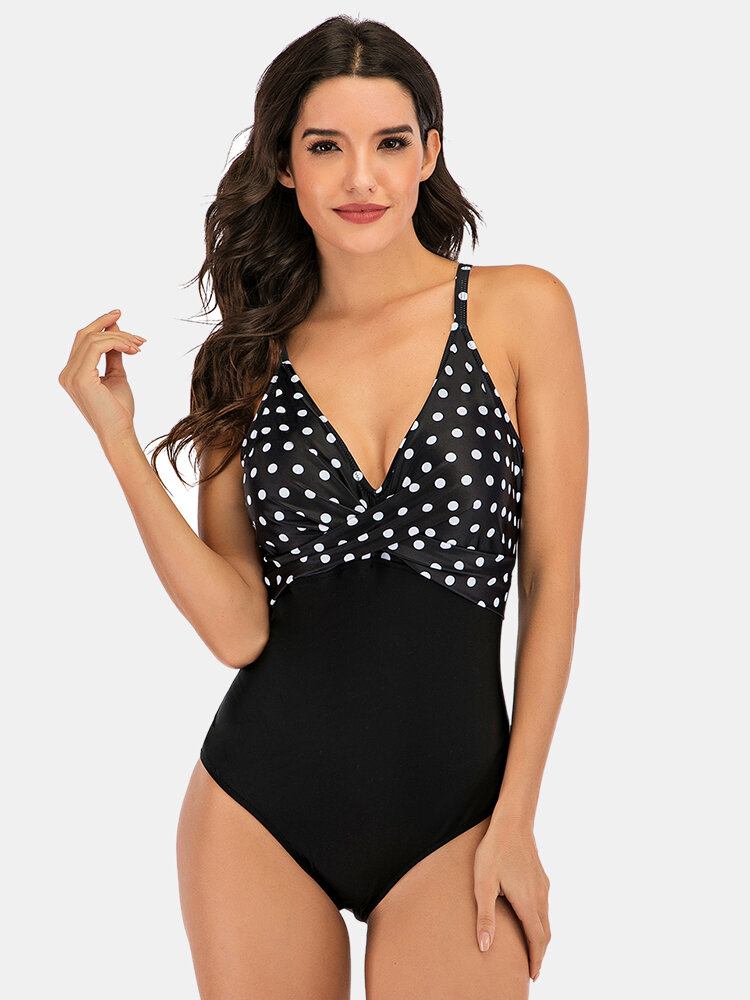 Plus Size Dame Polka Dot Print Splice Skinny Fit One Piece Badetøj